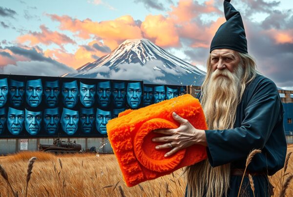 A mystical wizard holding an orange object with a scenic mountain backdrop and surreal mural.
