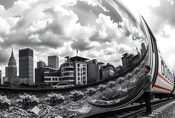 Surreal image of a boy standing near a reflective train, blending into a cityscape.