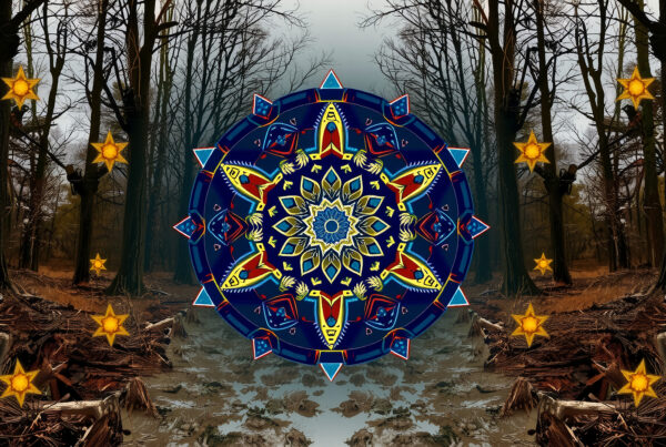 Mystical mandala in dark forest with floating stars