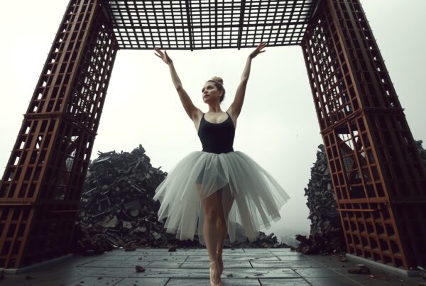 A ballerina gracefully poses amid rubble with a lattice structure as her backdrop, embodying resilience.