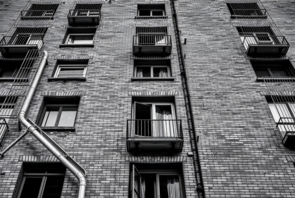 Black and white photo of a brick building with windows and balconies in urban setting.