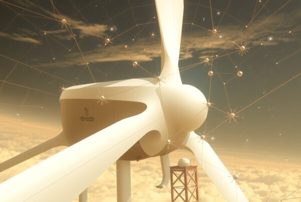 Futuristic white wind turbine structure against a starry, golden sky with network-like designs and glowing nodes.