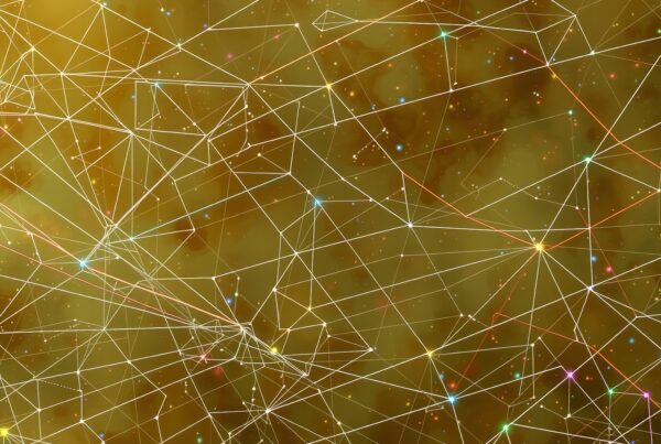 Abstract depiction of interconnected lines and nodes creating a network pattern against a golden cosmic background.