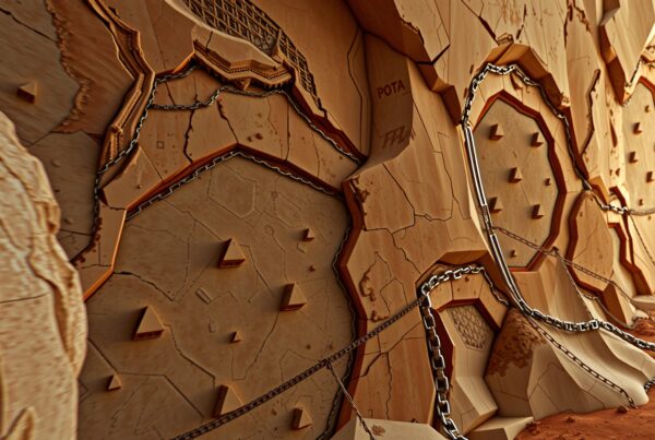 Abstract wooden sculpture with geometric patterns, integrated metal chains, and intricate designs mounted on a brick wall.