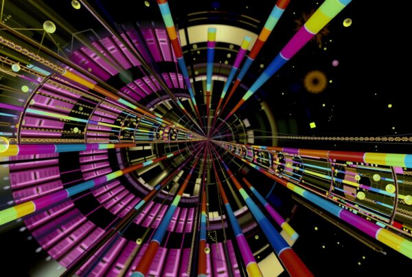 A vibrant abstract digital artwork featuring a colorful, kaleidoscopic tunnel with geometric shapes and neon colors.