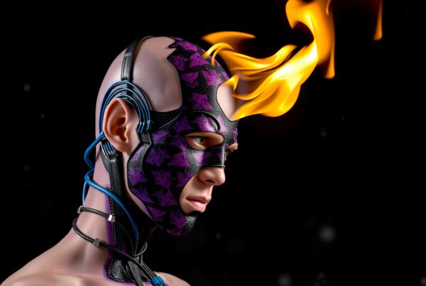 Futuristic artwork of a cybernetic human with a flaming head and detailed mask against a dark background.