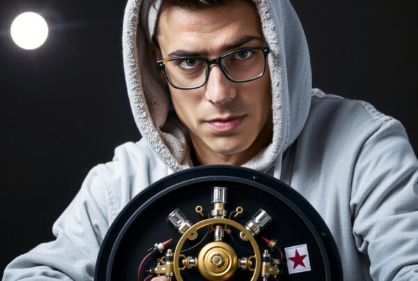 A young man with glasses in a hoodie holds a complex, circular mechanical device, exuding focus and curiosity in a dark setting.