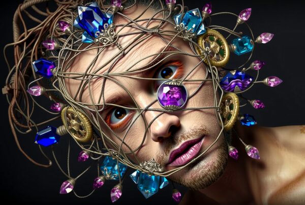 A man with a headpiece made of wires and colorful jewels, featuring an intense expression and vibrant colors.