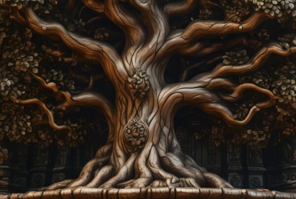 Intricate wooden tree sculpture with twisting branches and ornate details.