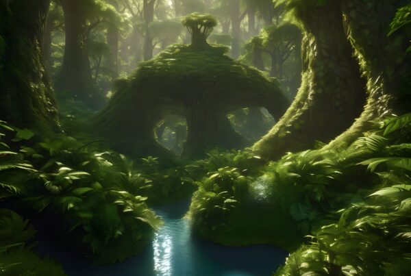 An enchanted forest scene with vibrant greenery, a tranquil stream, and sunlight filtering through the dense canopy, creating a magical atmosphere.