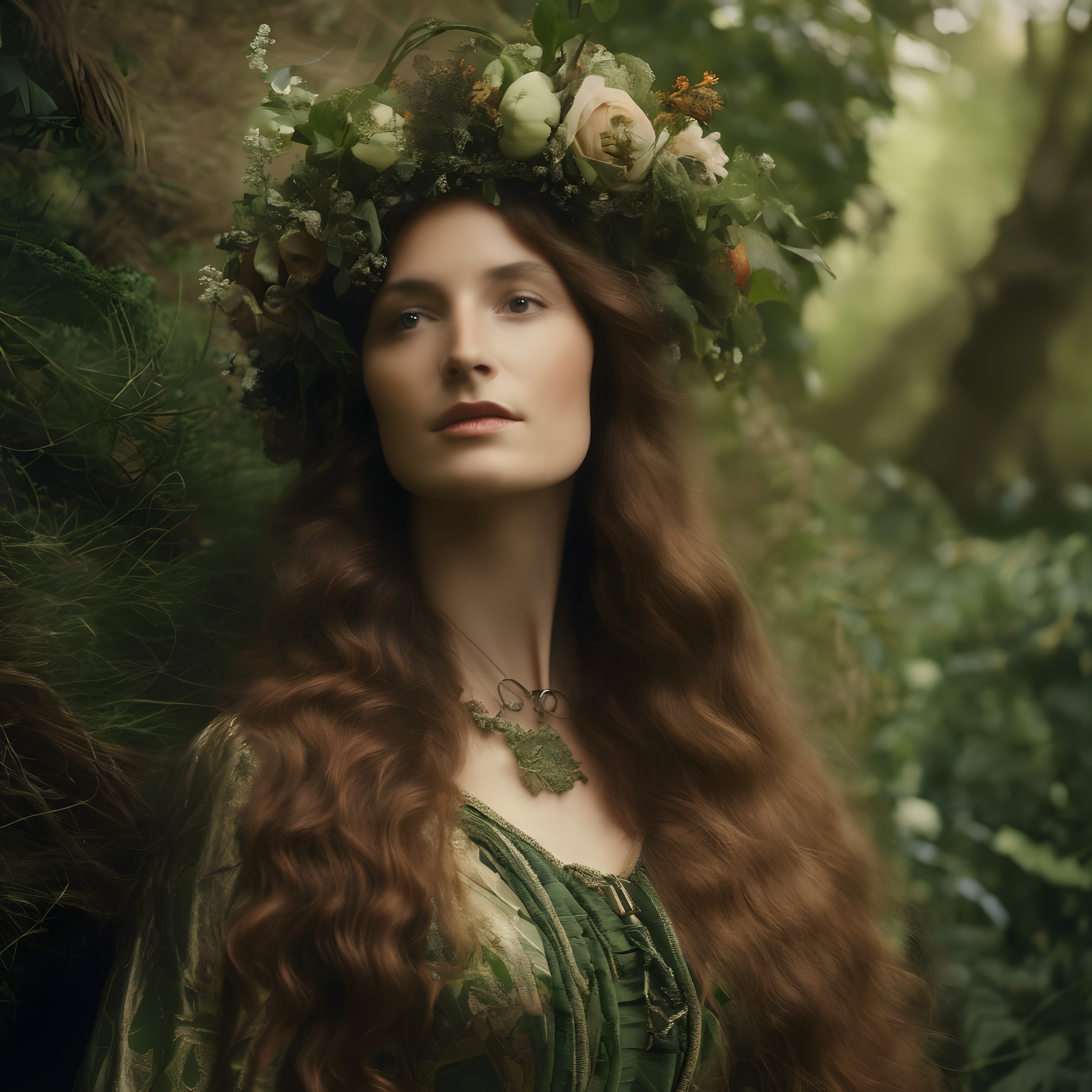 Ethereal Forest Woman with Floral Crown