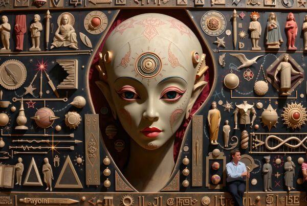 A large ornate humanoid face is surrounded by intricate sculptures and cosmic motifs, creating a mystical fusion of history and fantasy.