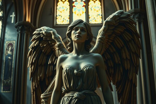 Intricate angel statue inside church with stained glass backdrop.