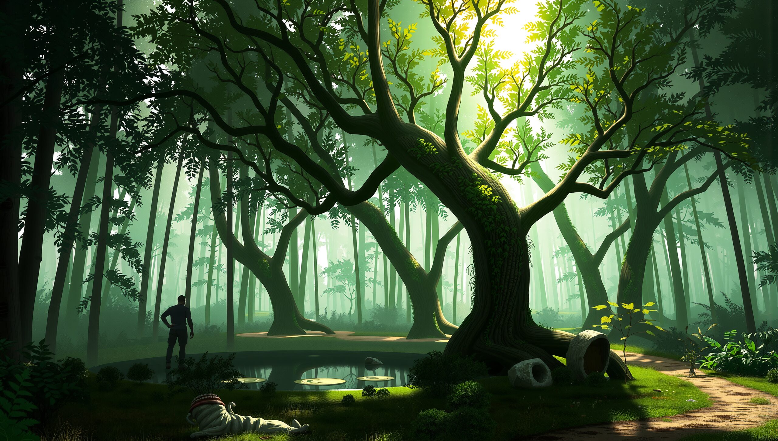 Mystical Forest with Astronaut Suit