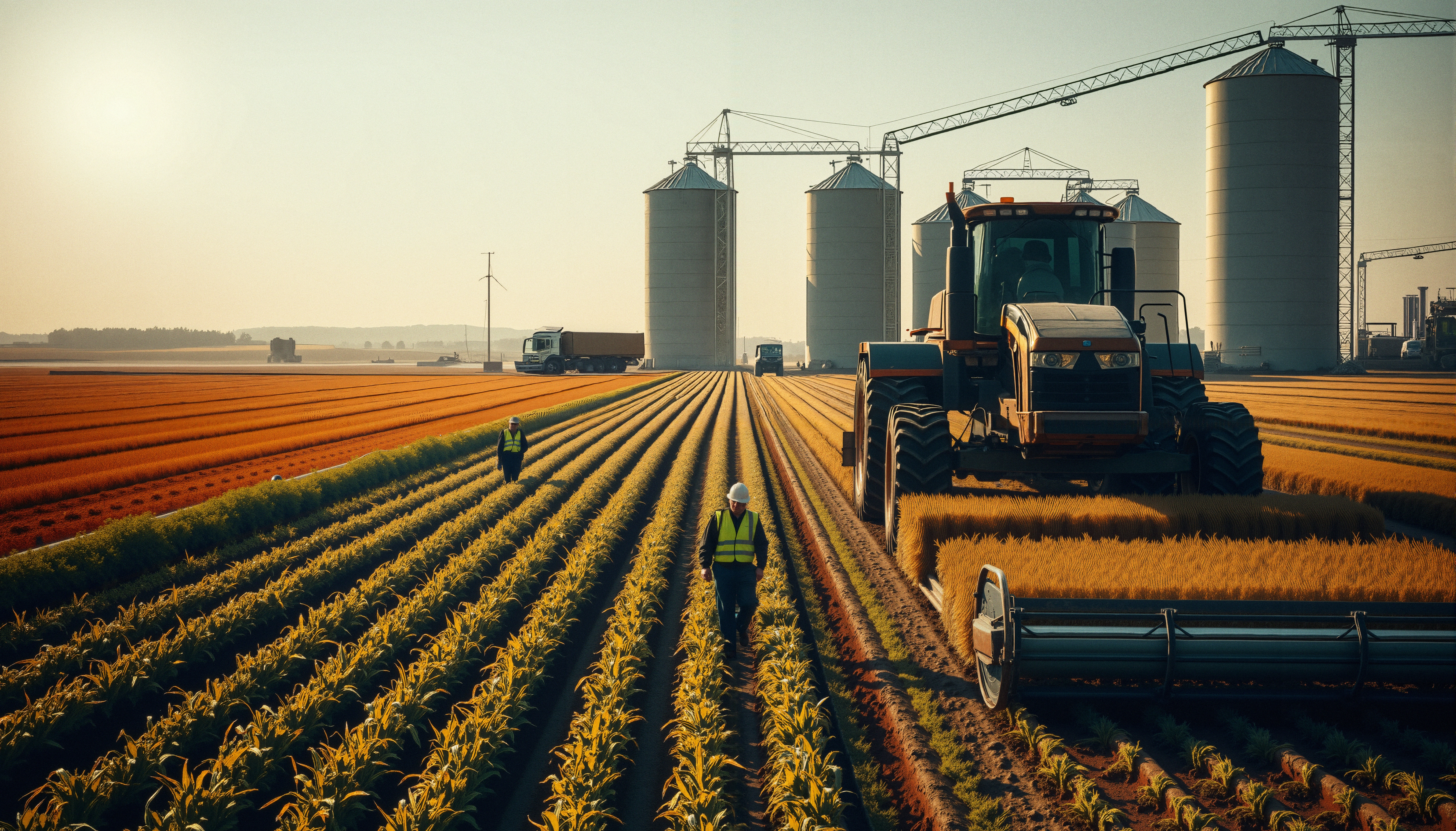 Golden Hour Agricultural Field with Harvesters