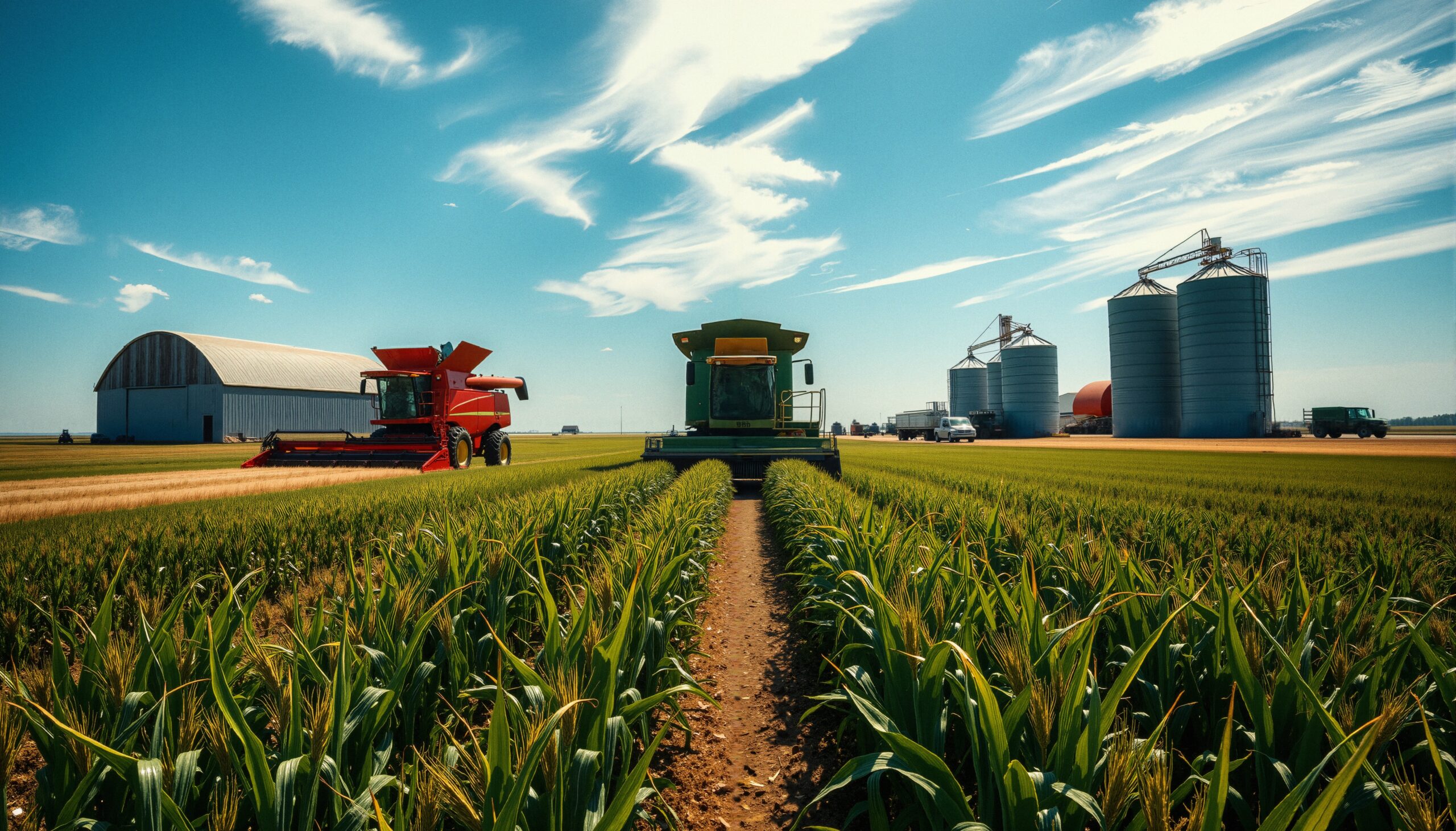 Agricultural Harvest with Combine Harvesters and Silos