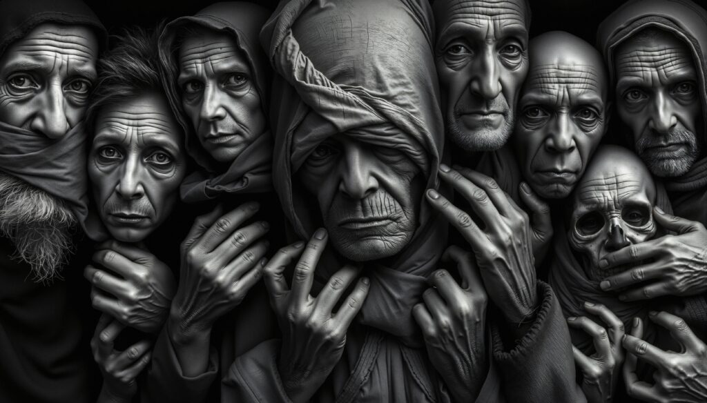 Monochrome Portrait of Elderly Faces and Skeletal Elements