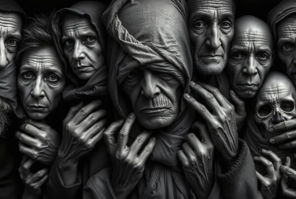Monochrome Portrait of Elderly Faces and Skeletal Elements