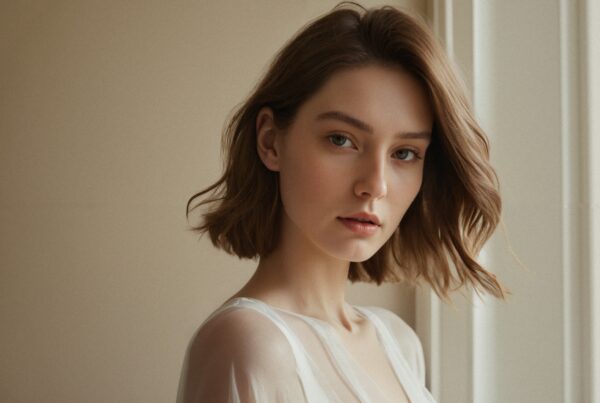 Woman in white dress looking directly at camera indoors