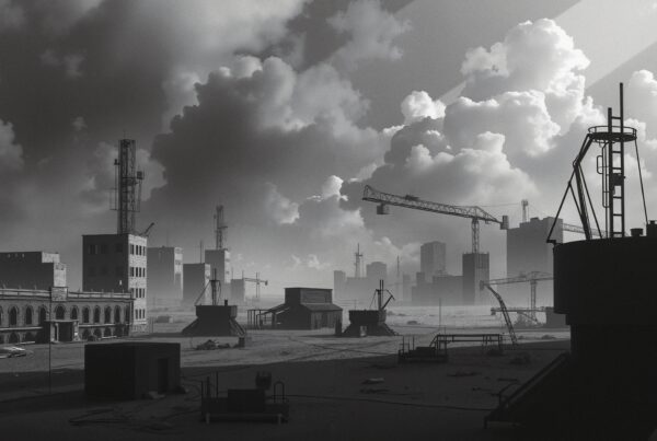 Monochrome city under construction with cranes against a cloudy sky.