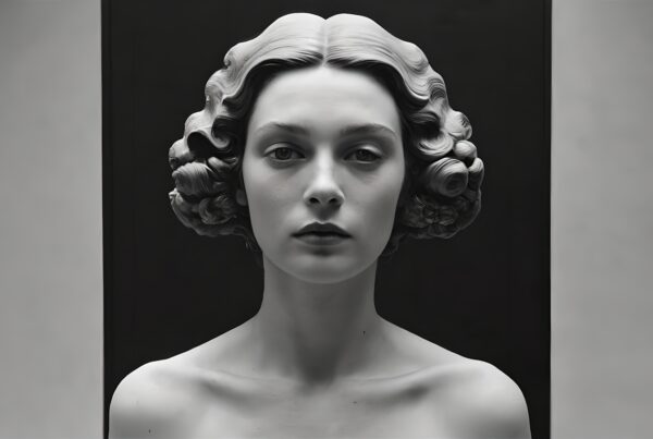 A black and white portrait of a woman with vintage curls against a dark background, showcasing classic elegance.