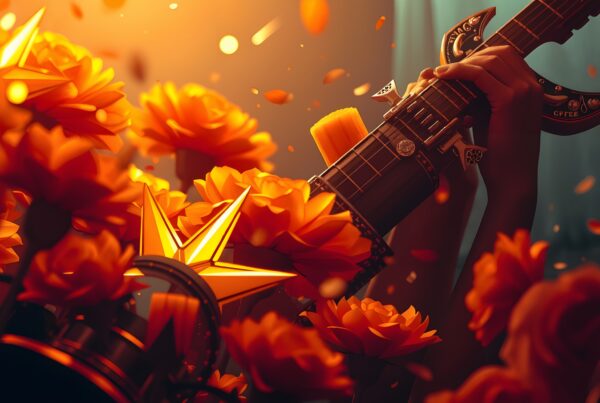 A guitar entwined with orange flowers, creating a vibrant and harmonious scene.