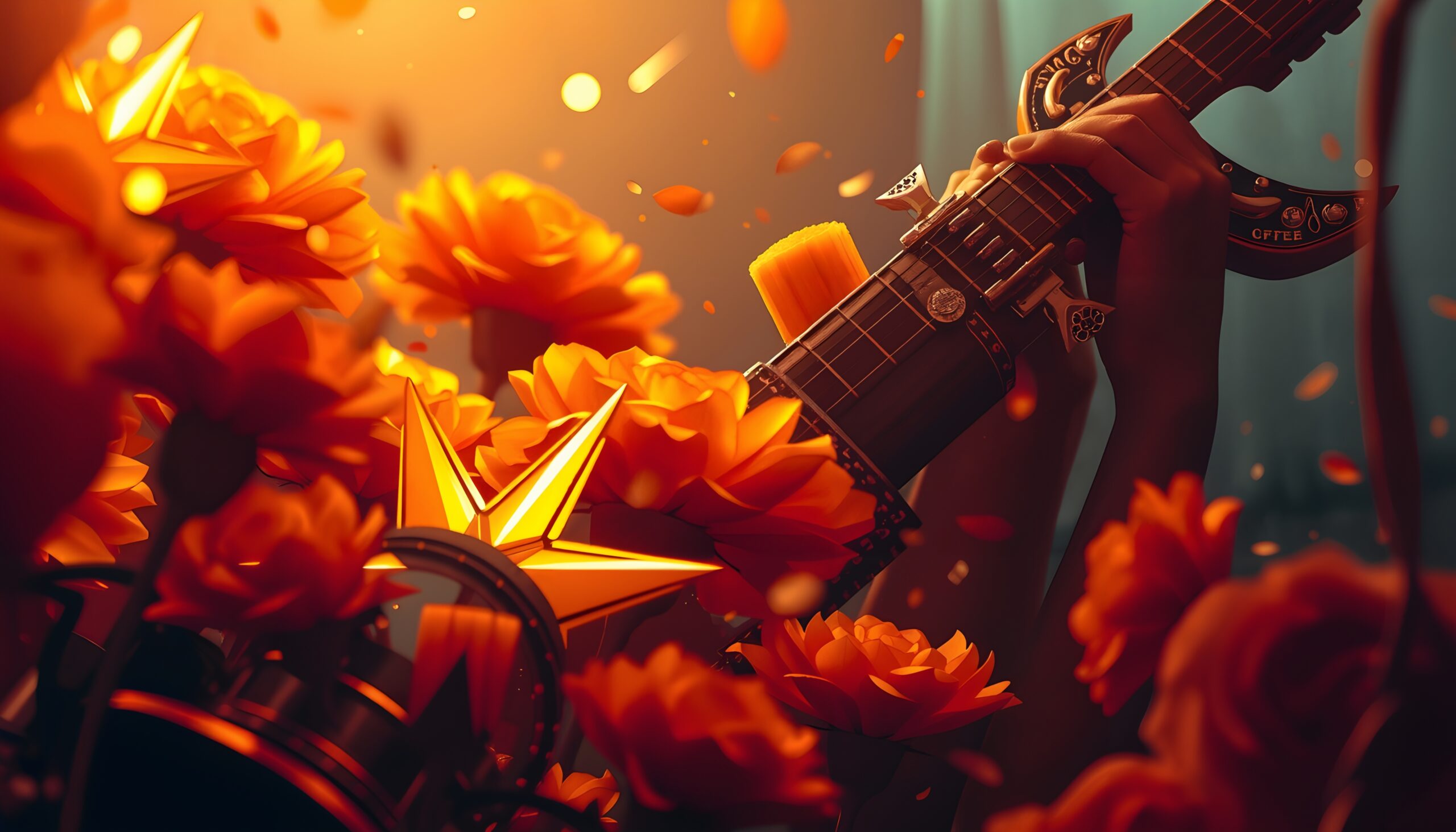 Guitar and Blooming Orange Flowers