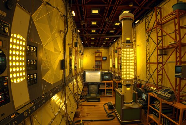 A futuristic control room with glowing panels and monitoring devices.