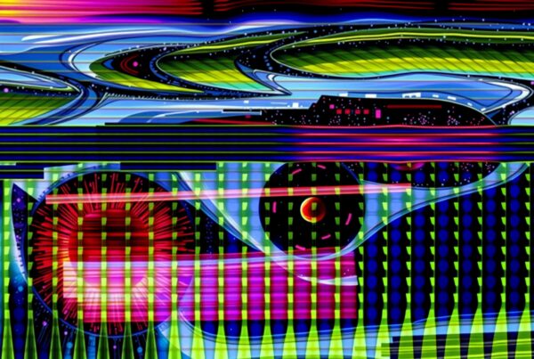 A vibrant abstract digital artwork with swirling lines and geometric patterns.