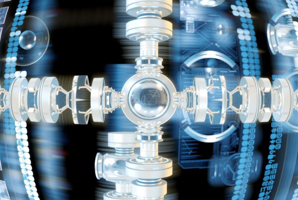 A complex, futuristic machine with metallic structures and digital patterns, creating a sci-fi aesthetic.