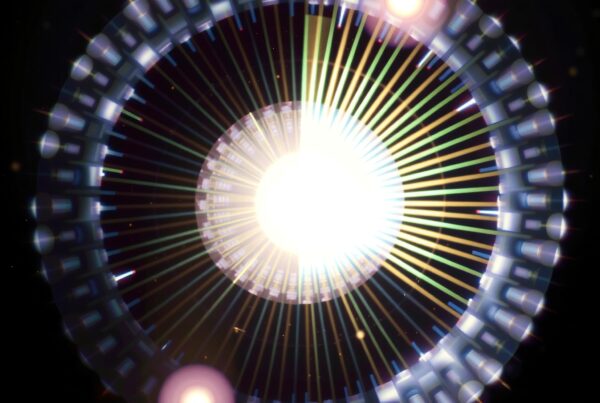 Abstract celestial explosion with colorful light beams and architectural patterns.