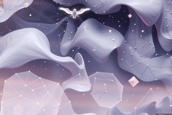 A majestic bird flies through an ethereal, abstract sky with flowing ribbons and geometric shapes.