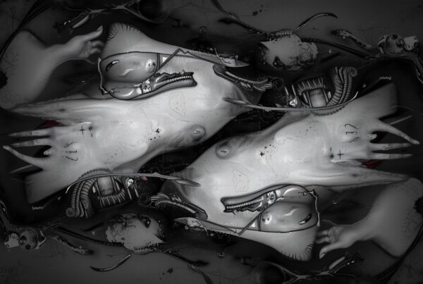 A surreal image with mirrored skull shapes and mechanical elements in a monochromatic palette.