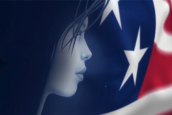 Abstract illustration of a woman's profile blended with the American flag, combining themes of patriotism and identity in a dynamic, artistic design.