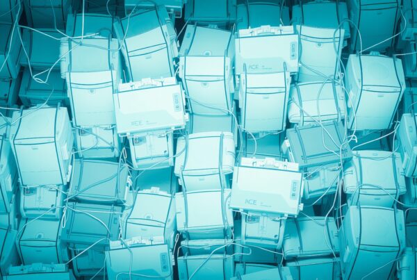 Photo of numerous printers stacked chaotically with intertwined cables, conveying electronic waste and recycling themes.