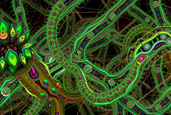 A vibrant abstract digital artwork with intricate, intertwined designs and organic, futuristic shapes in greens and pinks.