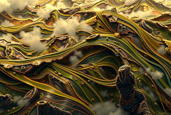 Surreal Steampunk Fantasy Artwork Featuring Metallic Wavy Landscapes With Gears And Smoke