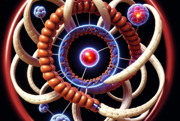 Futuristic atomic structure with vibrant elements.