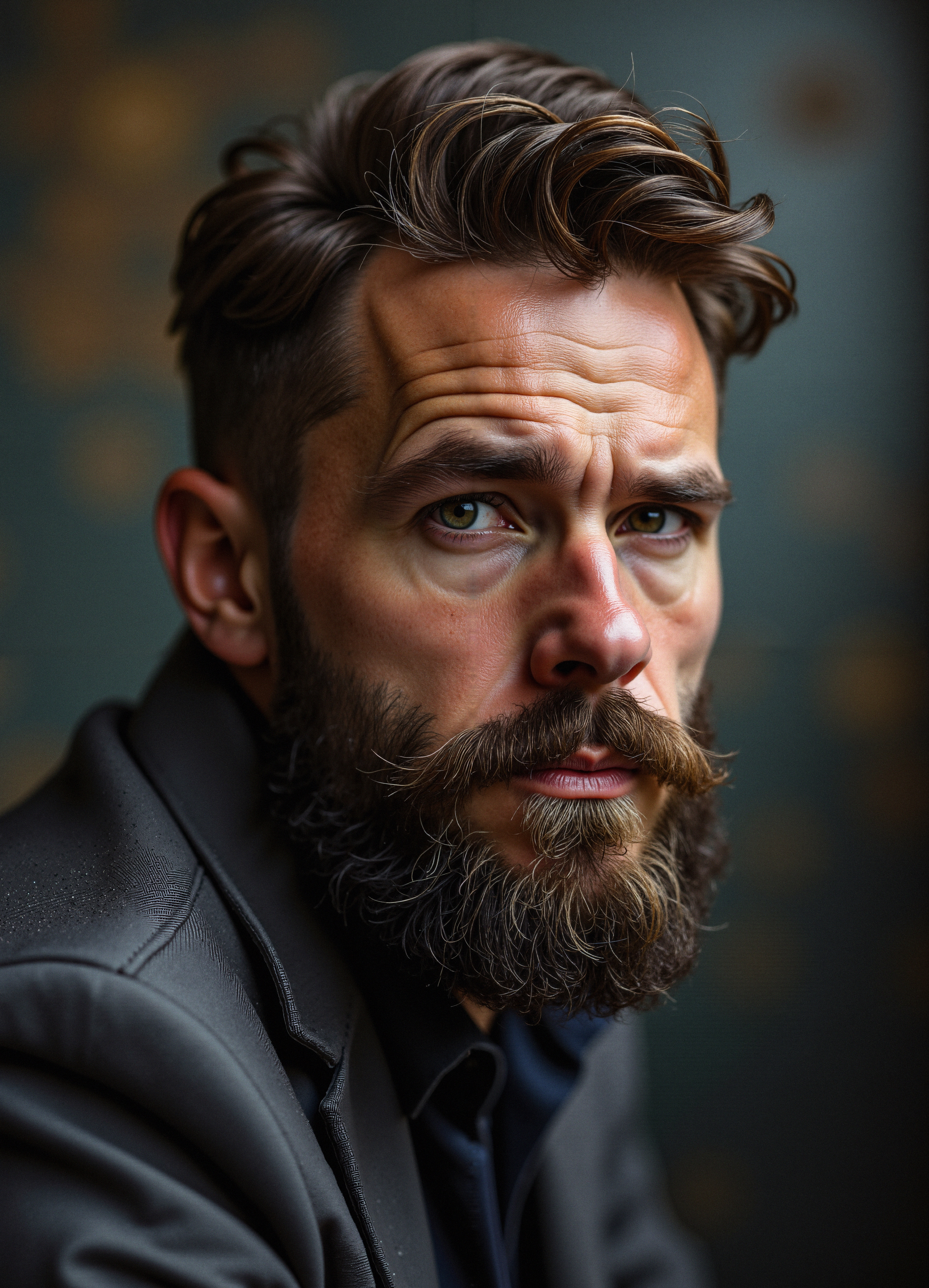 Portrait of Bearded Man in Dark Leather Jacket