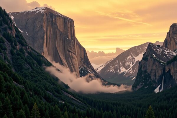 A stunning sunset illuminates rugged mountain peaks, dense forests, and drifting clouds in a breathtaking natural vista