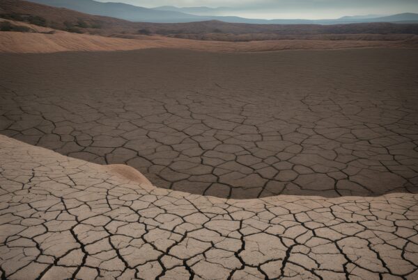 Dramatic view of a cracked, dry desert landscape under a blue sky with distant hills.