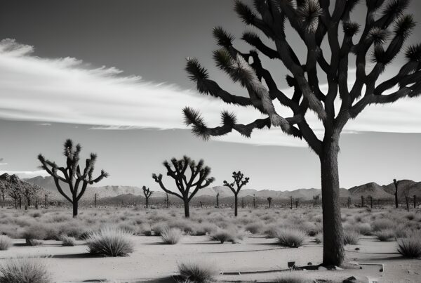 A stark desert landscape featuring prominent Joshua trees against a backdrop of distant mountains and elongated clouds in the sky.