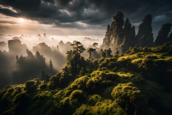 A dramatic landscape of cliffs and trees with sunlight filtering through misty clouds.