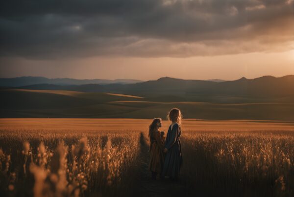 Two children in a wheat field at sunset, surrounded by dramatic clouds and distant mountains.