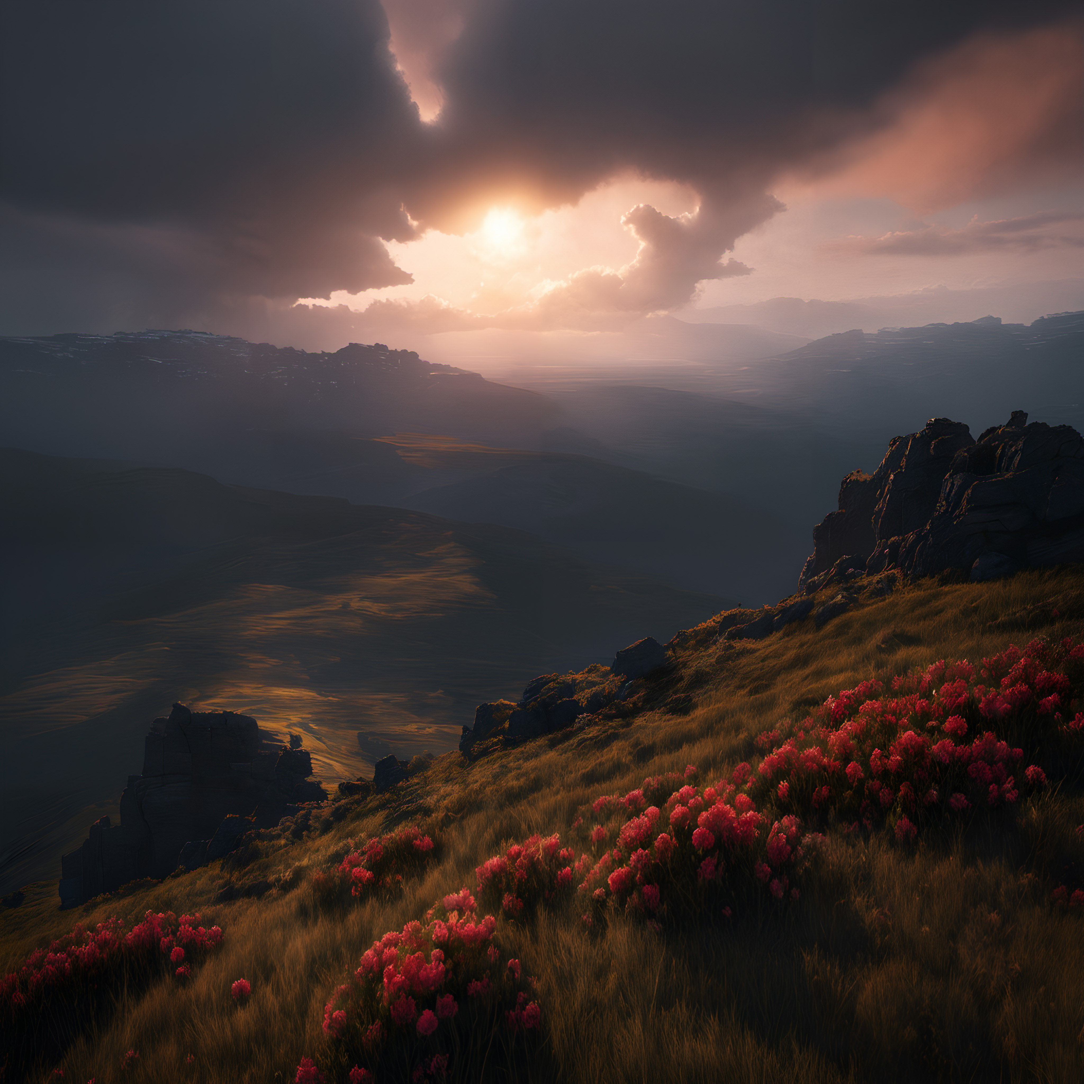 Sunset Over Mountainous Landscape with Wildflowers