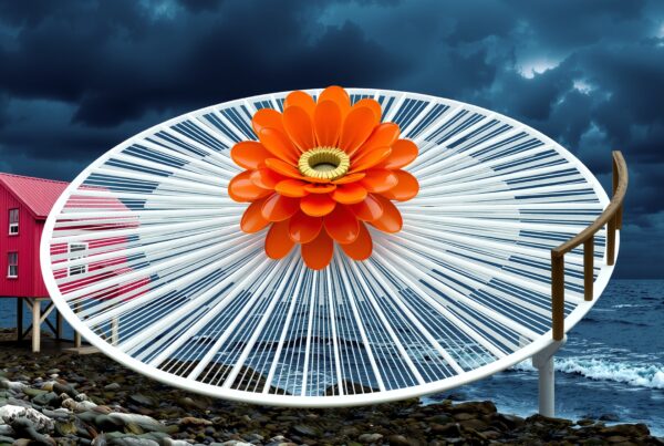 A surreal image with an orange flower and a red house by a stormy sea.