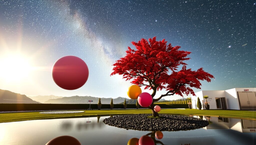 Night Landscape with Red Tree and Floating Spheres