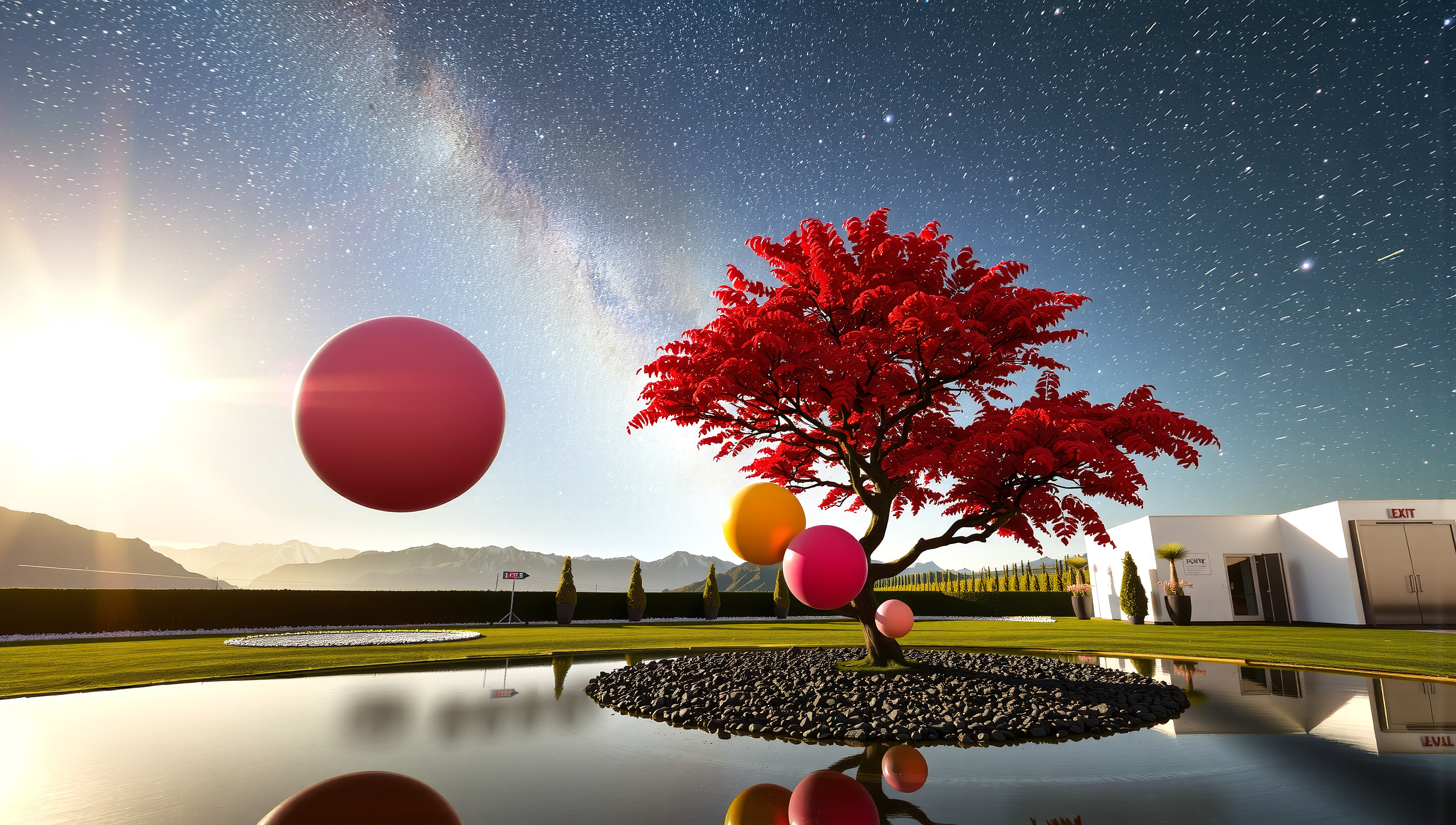Night Landscape with Red Tree and Floating Spheres