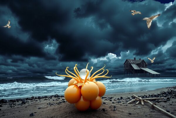 Surreal beach scene with mysterious orange sphere structure and stormy backdrop.