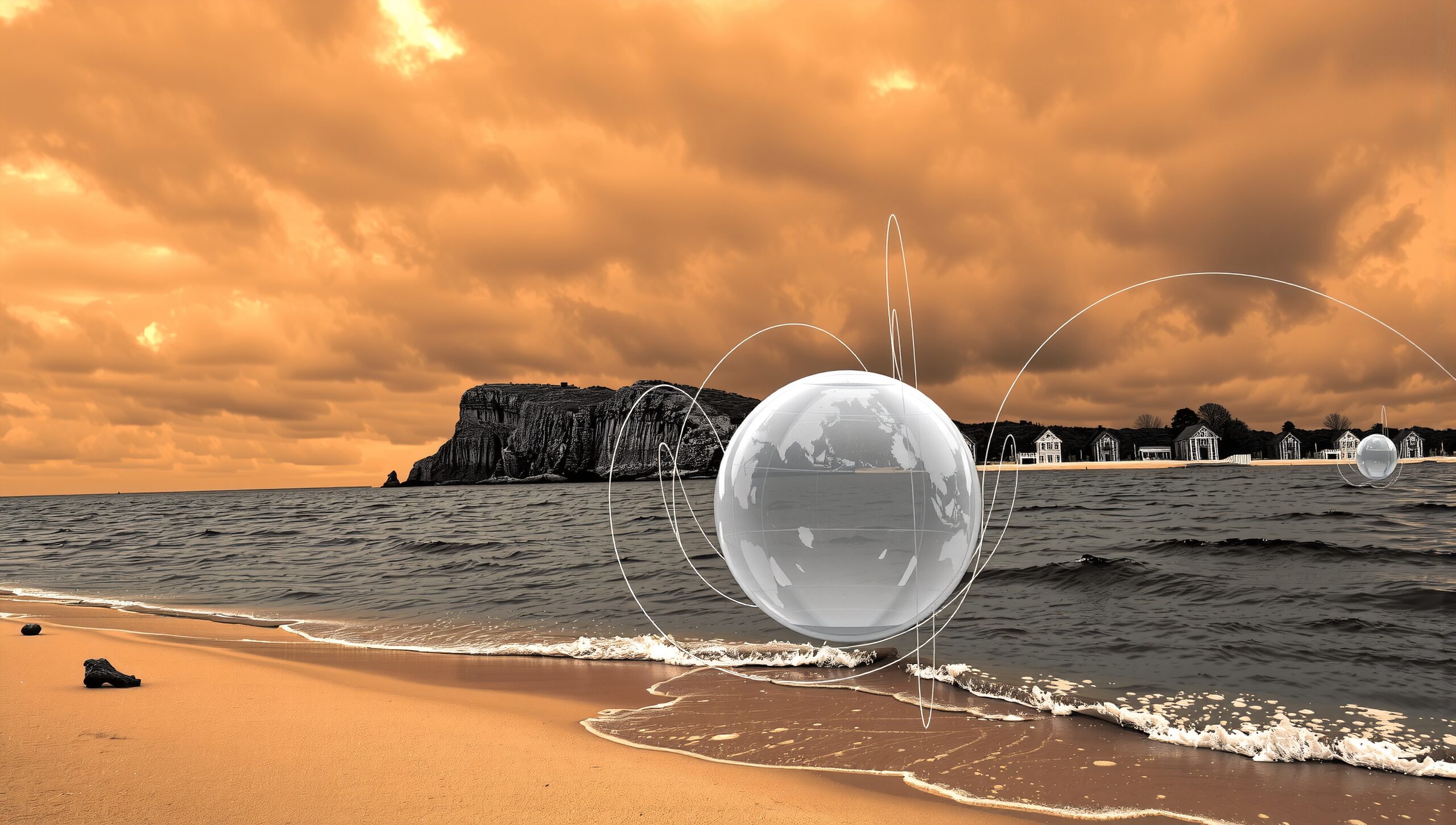 Futuristic Beach with Digital Spheres